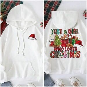 NWT Just A Girl Who Loves Christmas Kangaroo Pocket Drawstring Lined Hoodie L